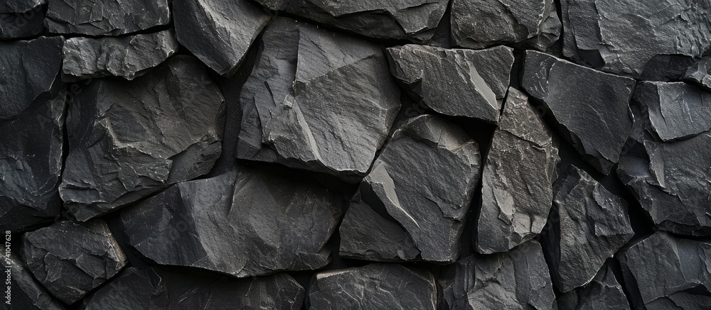 Poster a closeup shot of a monochrome wall made of black rocks, creating a unique pattern with a mix of gre