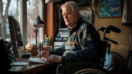 A determined man in a wheelchair sits at a desk, surrounded by indoor furniture and clothing, as he works diligently on his laptop with a focused human face, framed by a window and wall