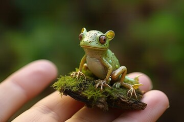 Green frog sitting on a branch in the hands of a child. Child Holding a Frog. miniature frog. toy mini model. miniature animal. wild life.