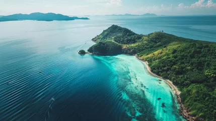 Fotobehang A tranquil island oasis, embraced by crystal clear waters and surrounded by lush tropics, beckons with its azure skies and majestic mountains rising from the coast © ChaoticMind