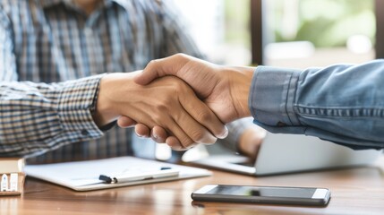 Two individuals dressed in professional attire exchange a firm handshake over a laptop on an...