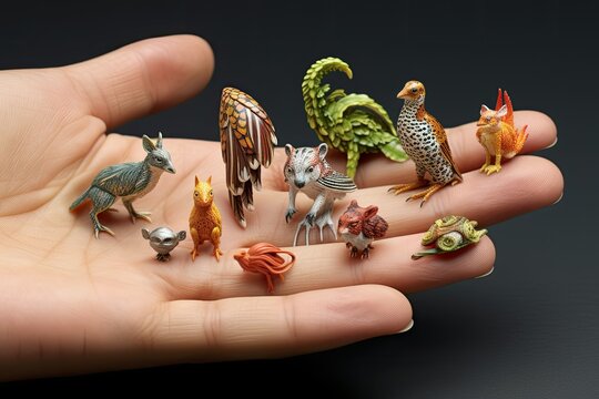 Hand holding a collection of fantasy animals on a black background. miniature creatures. animals mini models. 3d rendering.
