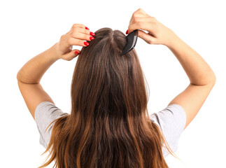 Fototapeta premium Young woman with dandruff combing hair on white background, back view