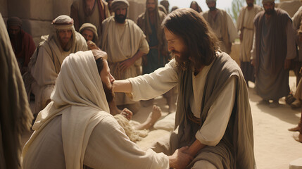Jesus healing a blind man by touching his eyes. Biblical Series.