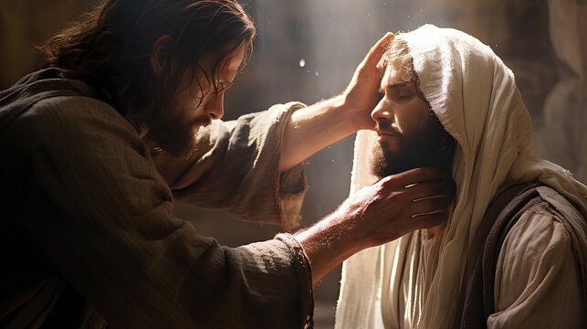 Jesus healing a blind man by touching his eyes. Biblical Series.