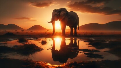 Sunset Reflection with Elephant