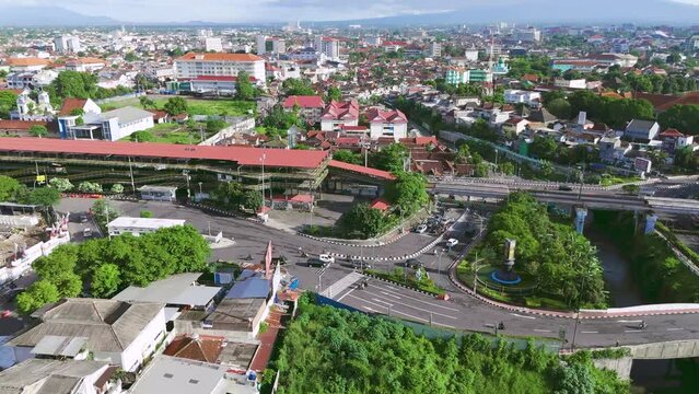 aerial view of the streets of Malioboro Yogyakarta city close to Tugu train station