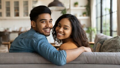 attractive mixed couple sits on the couch with his arm around her