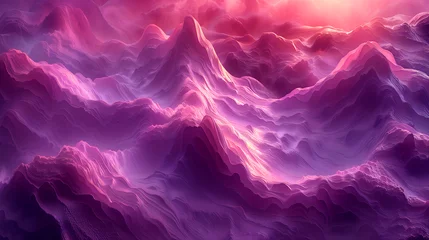 Fotobehang 3d render of abstract art 3d background surreal landscape with big fantasy magic mountains with neon glowing blue purple and red gradient color light inside © Katie