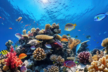 Colorful Marine Life in the Exotic Underwater Ecosystem: A Majestic Reef Symphony Under the Blue Seas