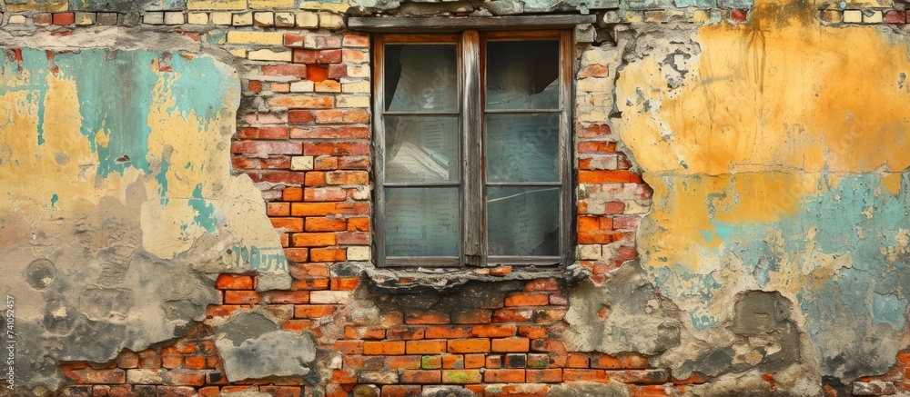 Poster a historic building with a brick facade and a window set in the brickwork, showcasing a beautiful pi