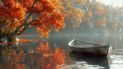Fototapeta premium A boat on the lake in autumn romantic landscape