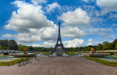 View of Eiffel Tower from Jardins du Trocadero in Paris, France. Eiffel Tower is one of the most iconic landmarks of Paris - 741053292