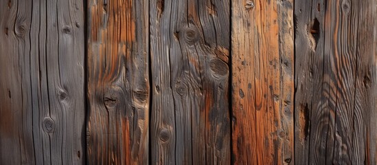 A detailed shot showcasing the intricate pattern of brown hardwood planks in a wooden fence, enhanced by varnish and wood stain, against a blurred background