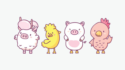 Farm animal set line. Pig cow sheep hen chicken 