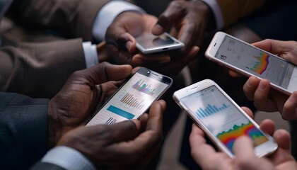 Close-up of three people's hands reviewing graphs and statistics on their phones