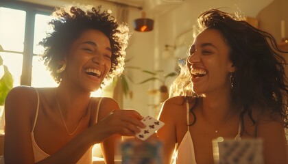 Two 35-year-old women having fun and laughing while playing cards in the living room