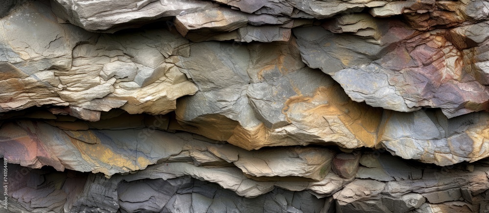 Poster a closeup of a stack of bedrock rocks forming an outcrop. the natural material is a composite of roc