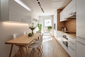 Elegant minimalist kitchen with clean white cabinetry, wooden countertops, and a fresh flowers. Small space interior design - obrazy, fototapety, plakaty