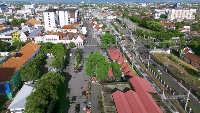 aerial view of the streets of Malioboro Yogyakarta city close to Tugu train station