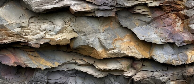 A closeup of a stack of bedrock rocks forming an outcrop. The natural material is a composite of rock and wood, creating a unique pattern. The rocks were faulted and surrounded by plants