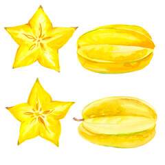 Fresh ripe sliced and whole carambola - star fruit. Tropical fruit watercolor illustration - 741054824