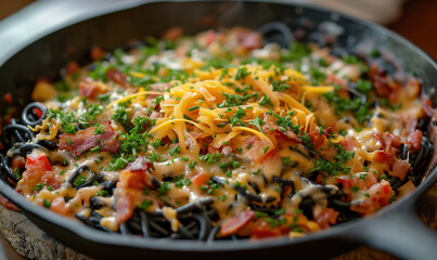 Black spaghetti carbonara with bacon and parmesan in a frying pan
