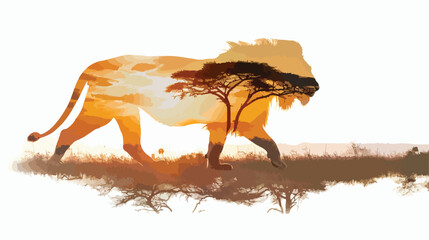 Lion and the African savanna double exposure photo