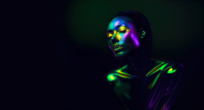 Illuminated elegance in neon hues. Surreal portrait of a woman in glossy light