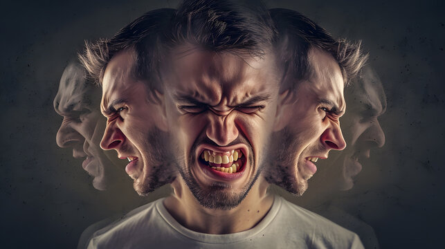 man with a mental disorder in despair, splitting heads, generative ai