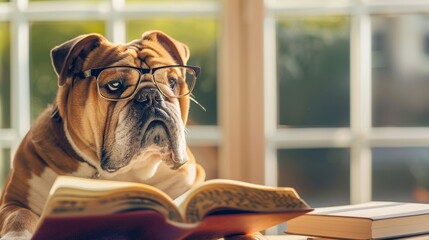 British Bulldog in glasses reading books on blurred home background, with copy space,  - obrazy, fototapety, plakaty