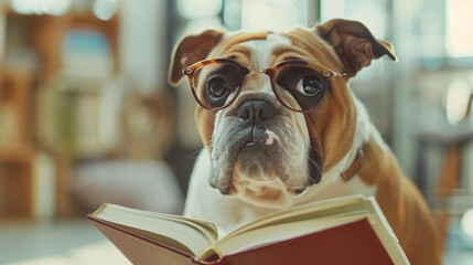 British Bulldog in glasses reading books on blurred home background, with copy space, 
