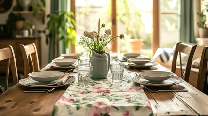 A beautifully arranged farmhouse dining table bathed in natural light, adorned with fresh flowers and elegant tableware, invites a homely dining experience..