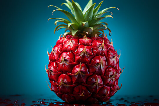Vivid Red Pineapple with Dew. A striking image of a pineapple with a vivid red texture and fresh dew drops, set against a cool blue backdrop, perfect for culinary and artistic themes.