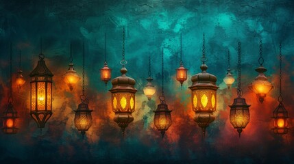 Vibrant Arabic Lanterns Illuminating a Dark Room Against a Moody Blue Background