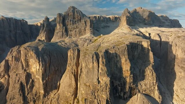 Sunrise at Sella Group. Aerial View. Dolomites, Italy