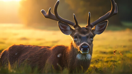 Wild Encounter: a wild deer in the wilderness starring at the camera for a picture-perfect close-up photo.  Generative AI
