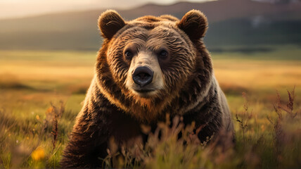 Wild Encounter: a wild Grizzly Bear in the wilderness starring at the camera for a picture-perfect, close-up photo.  Generative AI - obrazy, fototapety, plakaty