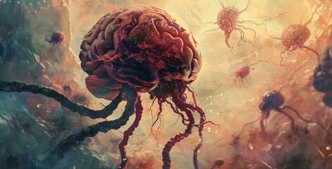 Surreal depiction of a human brain connected by tendrils amidst floating cells in a warm, ethereal glow, symbolizing neural activity - obrazy, fototapety, plakaty