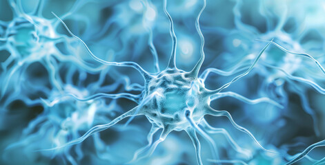Obraz premium Close-up view of several blue-colored neurons with extended dendrites, illustrating intricate neural connections in a dynamic biological network