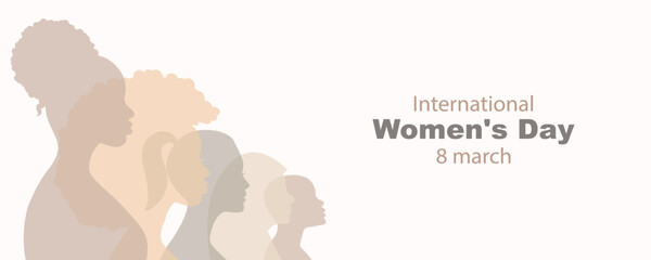 International Women's Day March 8. concepts of gender equality. profile or silhouette of a girl, race and profession. Vector horizontal banner. Banner. Flat vector illustration.