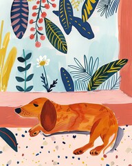 dachsund Boho Dog Nursery Artwork Whimsical Dog Illustration