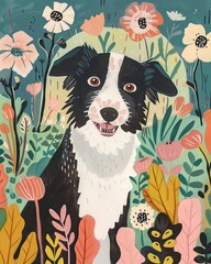 border collie Boho Dog Nursery Artwork Whimsical Dog Illustration