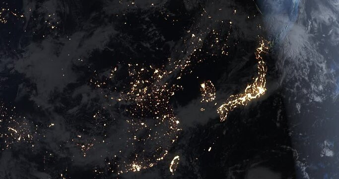 The onset of new daylight over East Asia. Satellite view of Japan, Korea and China from space. 3D animation of the Earth globe 4K. Contains NASA images.