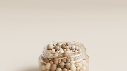 Pearl powder balls in a cosmetics container, beauty care, 3d render