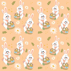 Naklejka premium White rabbits on a peach background pattern. Lovely flat Easter seamless pattern with bunnies, doodles, flowers, easter eggs, beautiful background. For Easter cards, banner, textiles, wallpaper.