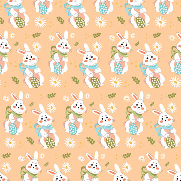 White rabbits on a peach background pattern. Lovely flat Easter seamless pattern with bunnies, doodles, flowers, easter eggs, beautiful background. For Easter cards, banner, textiles, wallpaper.