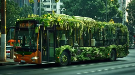 A city bus embellished with lush green plants cruises the streets, showcasing an innovative blend...