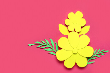 Composition with beautiful yellow flowers for International Women's Day on pink background