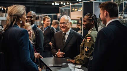 Diverse group of veterans networking at a job fair.